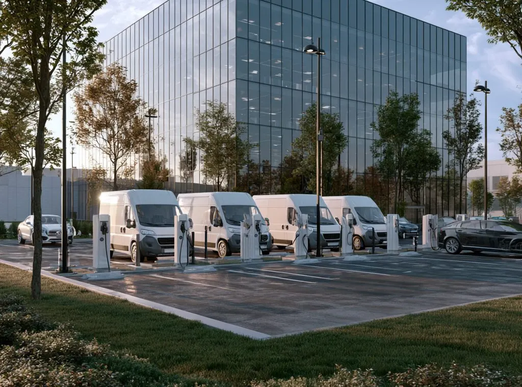 Flotte d'utilitaires électriques en charge devant un siège d'entreprise