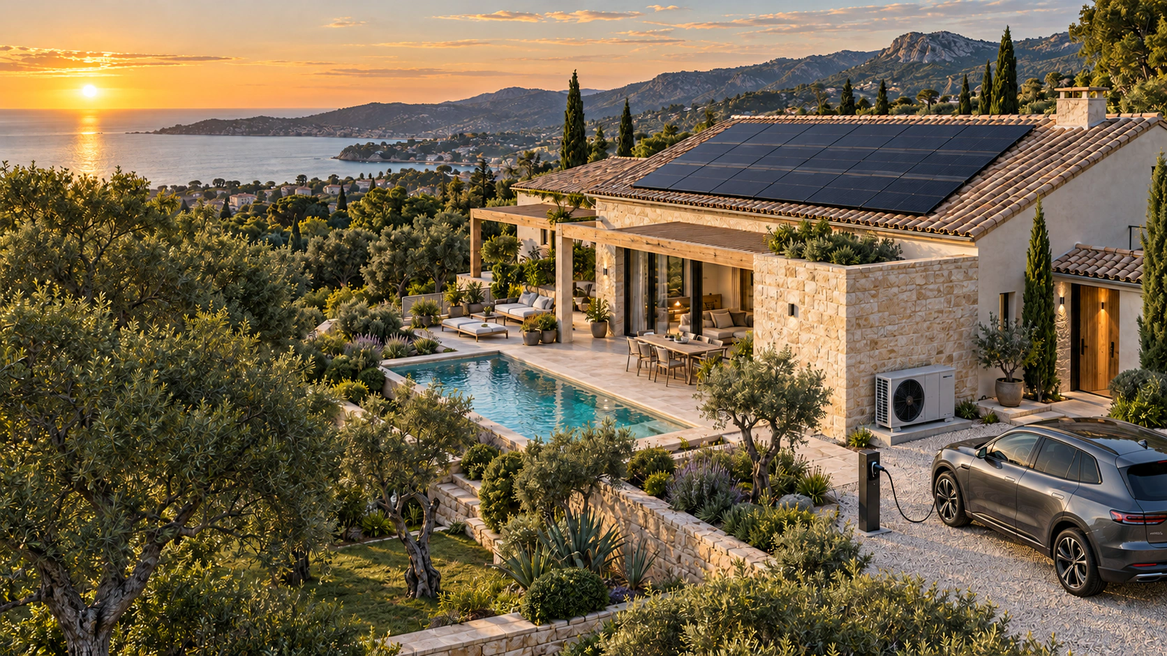 Vue aérienne d'une villa méditerranéenne avec panneaux photovoltaïques, voiture branchée à une borne de recharge et pompe à chaleur.