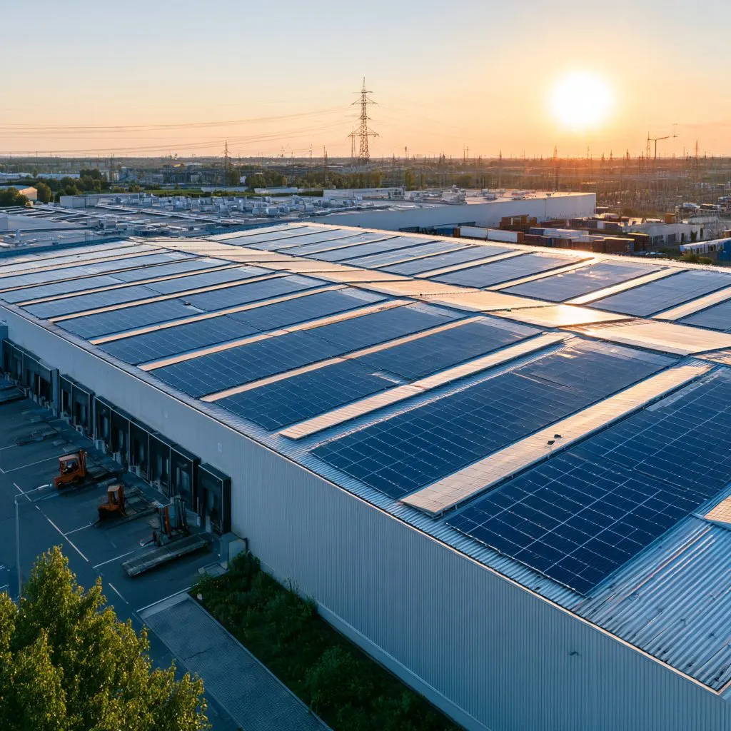 Toiture industrielle solarisée au coucher du soleil