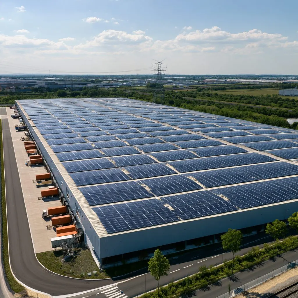 Entrepôt logistique dont la toiture est entièrement couverte de panneaux, pylône électrique au loin