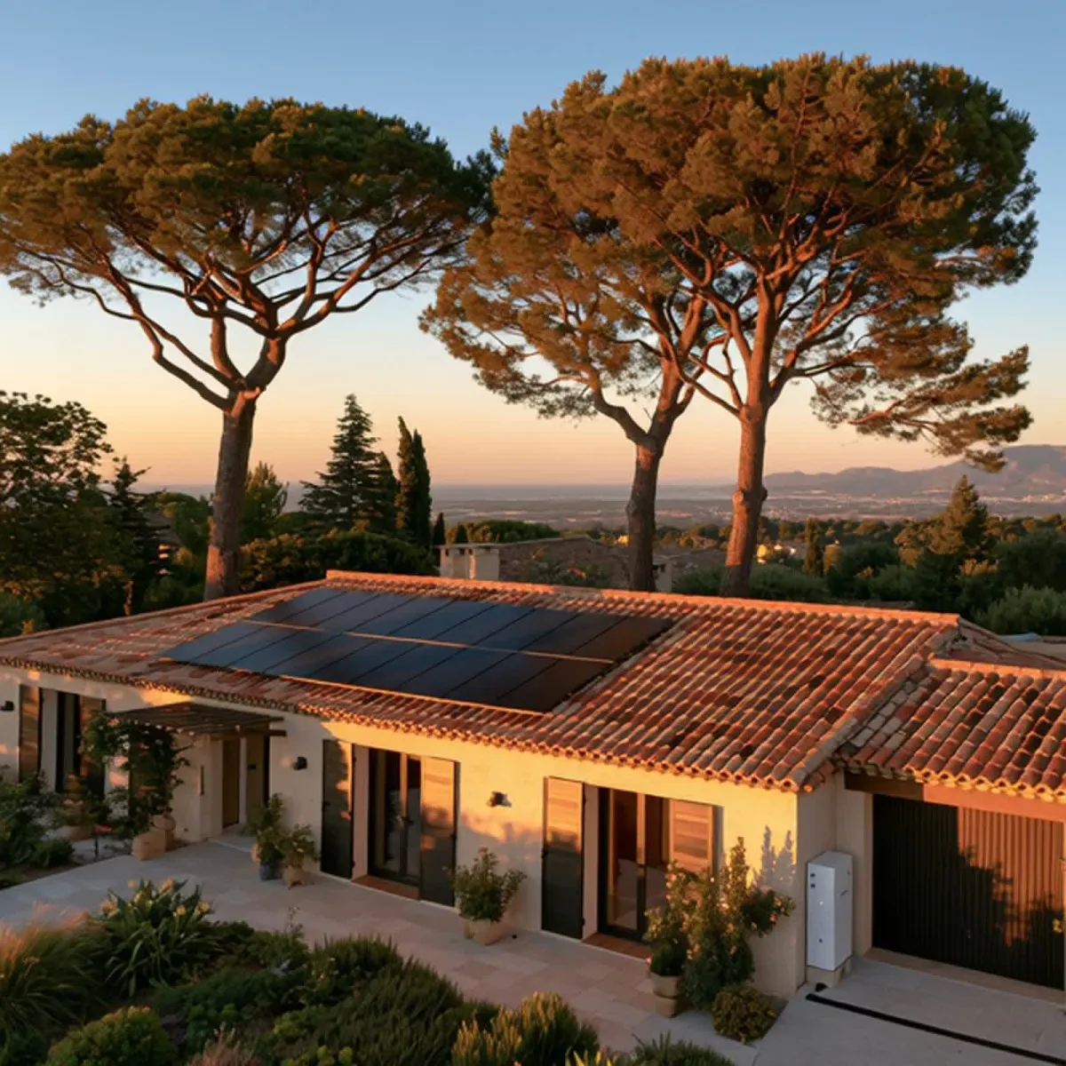 Toiture équipée de panneaux solaires au coucher du soleil, Côte d'Azur