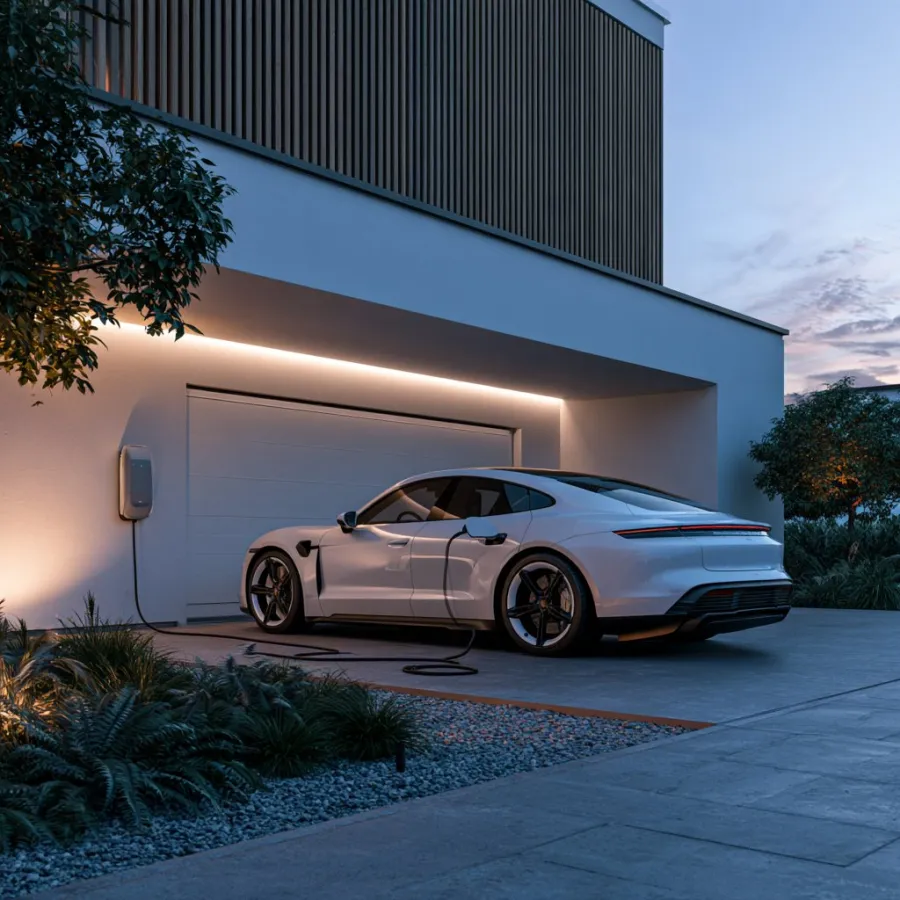 Borne de recharge murale devant un garage, véhicule électrique en charge